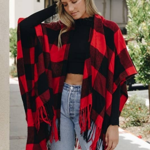 Accessories - Boho Red Black Check Buffalo Plaid RUANA tassel wrap poncho